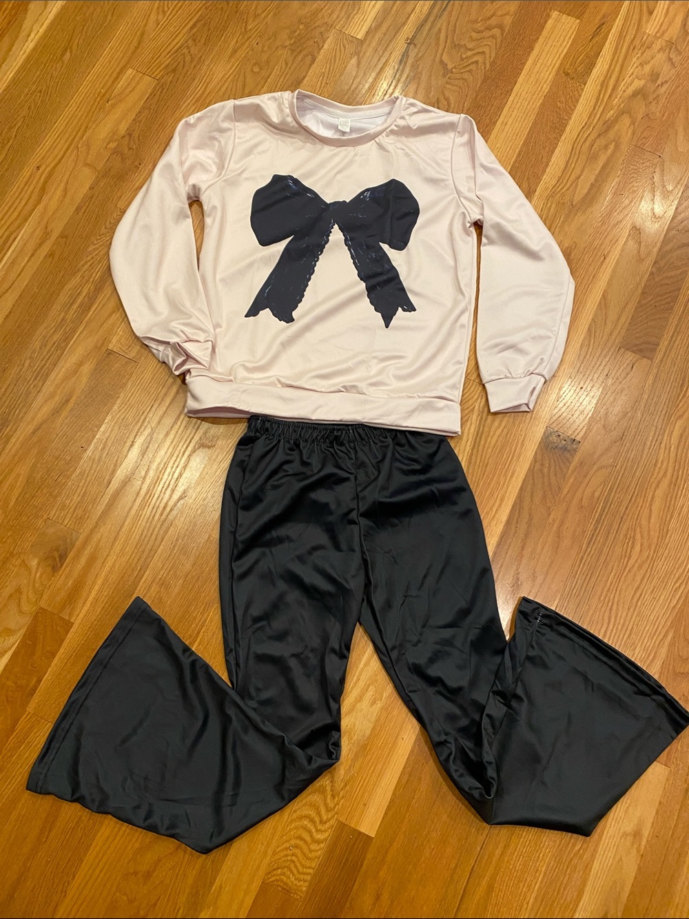 Blush pink Top with Bow Graphic and Black bell bottom Pants Set - size 14 youth